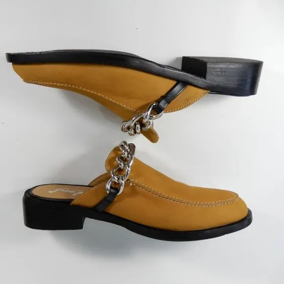 FREE PEOPLE Vida Slip On Mules Size 38 7.5 8 Honey Leather Silver Chain NEW