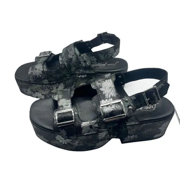 Free People Womens Platform Sandals Black Daisy Print Follow Your Own Path 9.5