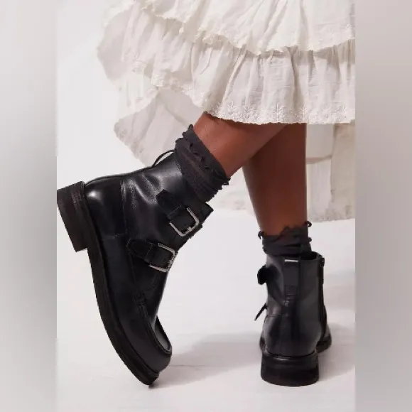 Free People Women’s Size 10 Isla Moto Boots Black Leather Silver Buckle
