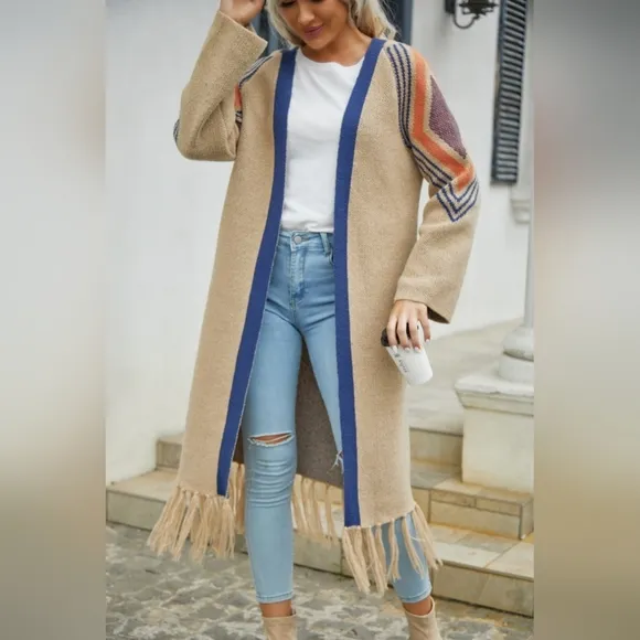 Fringe Retro Geometric Knit Duster Cardigan Sleeve Colorful Open Front Sweater