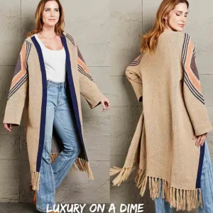 Fringe Retro Geometric Knit Duster Cardigan Sleeve Colorful Open Front Sweater