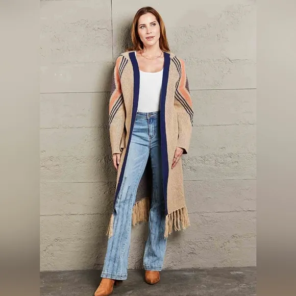 Fringe Retro Geometric Knit Duster Cardigan Sleeve Colorful Open Front Sweater