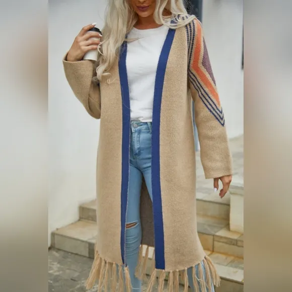 Fringe Retro Geometric Knit Duster Cardigan Sleeve Colorful Open Front Sweater