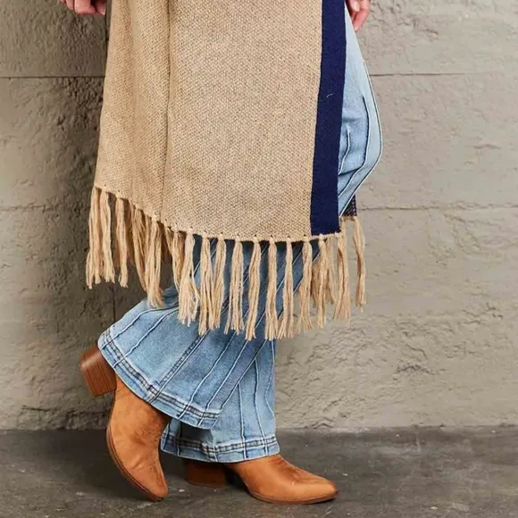 Fringe Retro Geometric Knit Duster Cardigan Sleeve Colorful Open Front Sweater