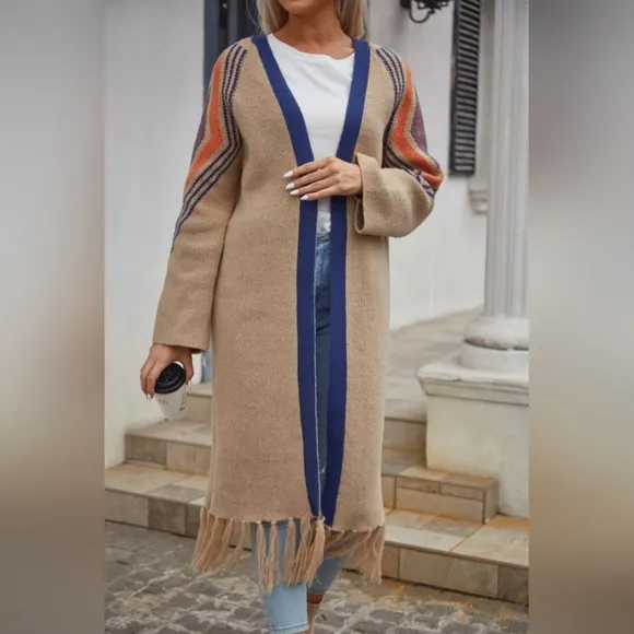 Fringe Retro Geometric Knit Duster Cardigan Sleeve Colorful Open Front Sweater