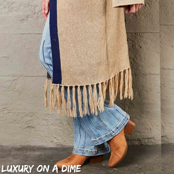Fringe Retro Geometric Knit Duster Cardigan Sleeve Colorful Open Front Sweater
