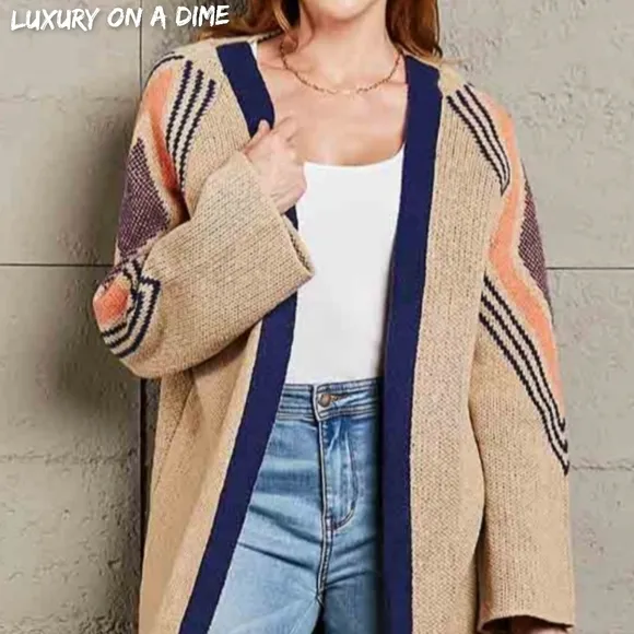Fringe Retro Geometric Knit Duster Cardigan Sleeve Colorful Open Front Sweater