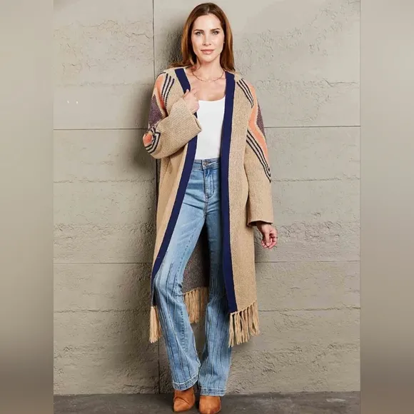 Fringe Retro Geometric Knit Duster Cardigan Sleeve Colorful Open Front Sweater