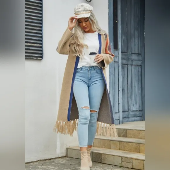 Fringe Retro Geometric Knit Duster Cardigan Sleeve Colorful Open Front Sweater