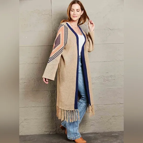 Fringe Retro Geometric Knit Duster Cardigan Sleeve Colorful Open Front Sweater
