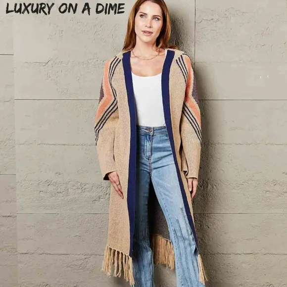 Fringe Retro Geometric Knit Duster Cardigan Sleeve Colorful Open Front Sweater