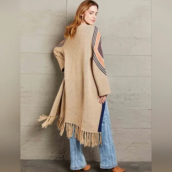 Fringe Retro Geometric Knit Duster Cardigan Sleeve Colorful Open Front Sweater