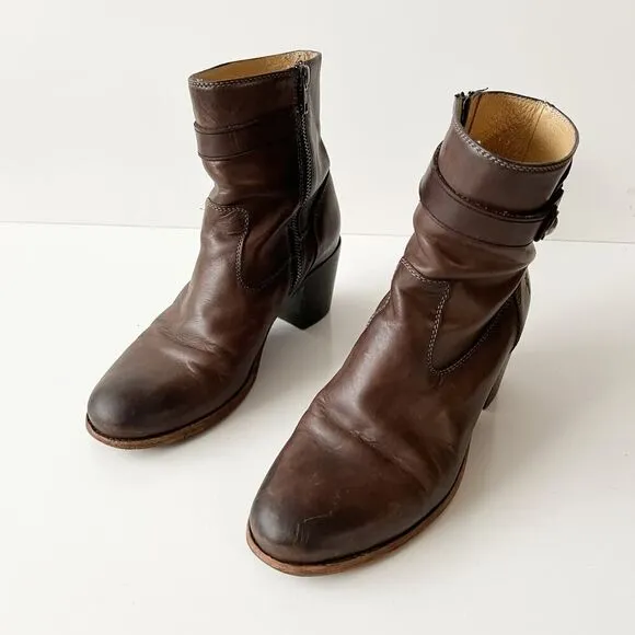 Frye Ankle Boots Western Brown Leather Heeled Shoes Size 9.5