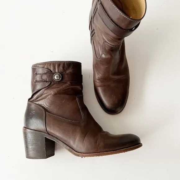 Frye Ankle Boots Western Brown Leather Heeled Shoes Size 9.5