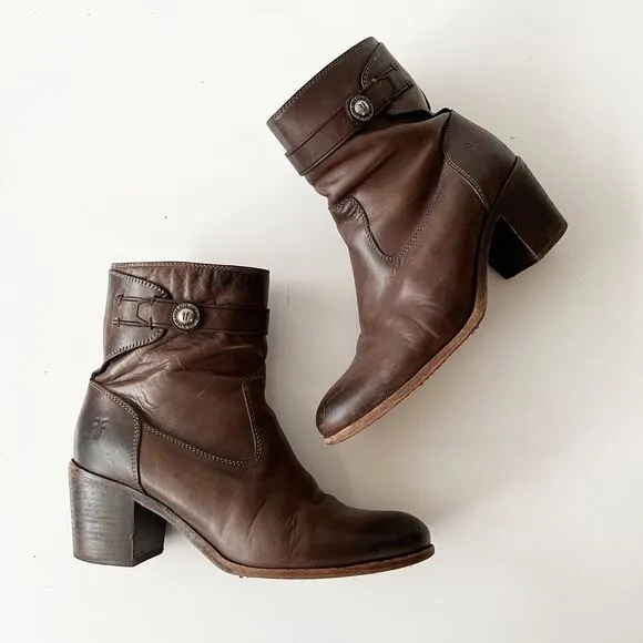 Frye Ankle Boots Western Brown Leather Heeled Shoes Size 9.5