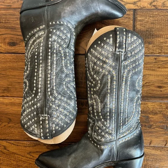 Frye Billy Stud Black Leather Cowboy Boots
