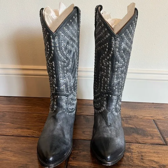 Frye Billy Stud Black Leather Cowboy Boots
