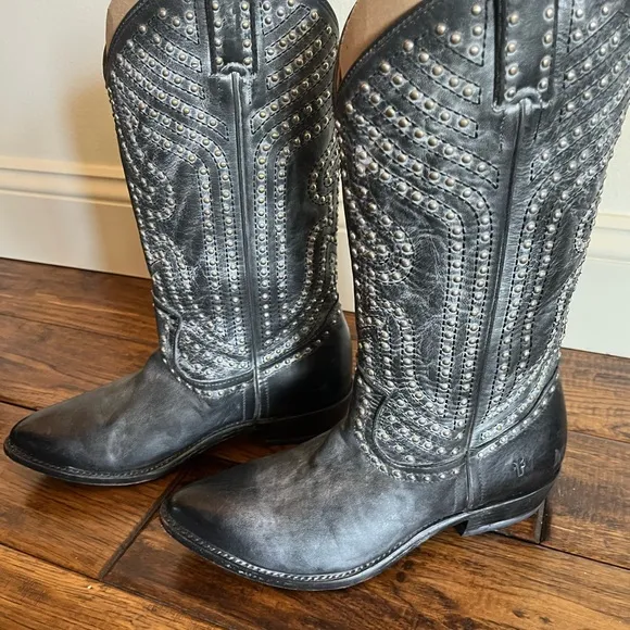 Frye Billy Stud Black Leather Cowboy Boots