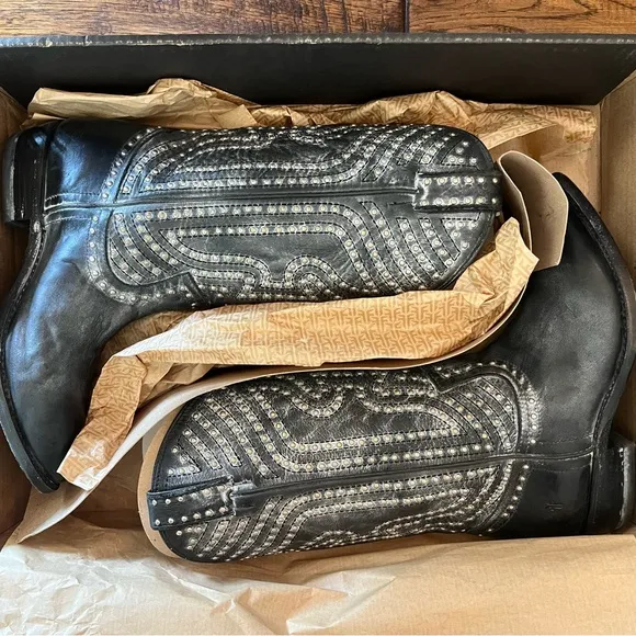 Frye Billy Stud Black Leather Cowboy Boots