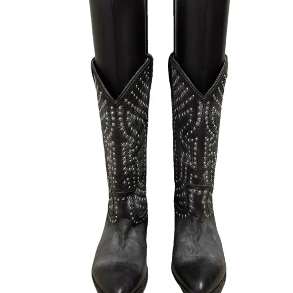 Frye Billy Stud Black Leather Cowboy Boots