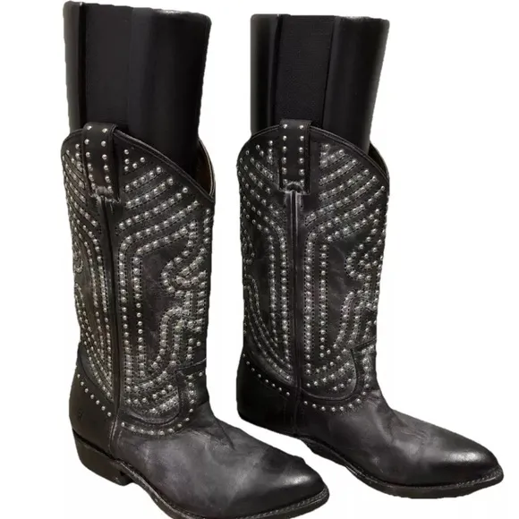 Frye Billy Stud Black Leather Cowboy Boots