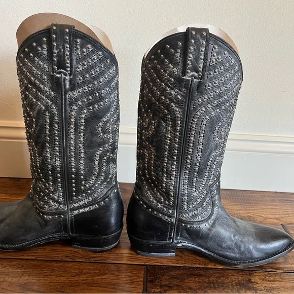 Frye Billy Stud Black Leather Cowboy Boots