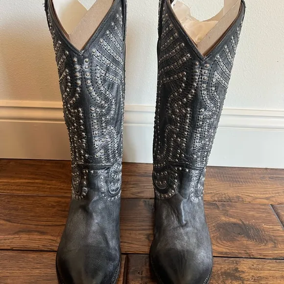 Frye Billy Stud Black Leather Cowboy Boots