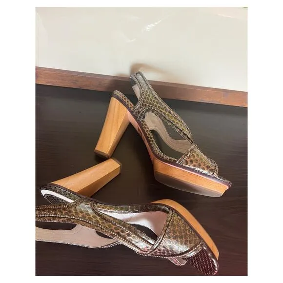 Frye Bronze Beaded Open Toe Slingback Wood Platform Heeled Sandals Womens 8.5 US