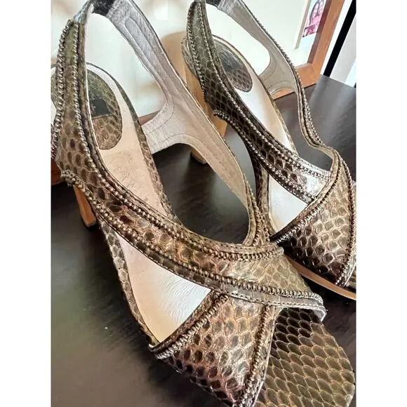 Frye Bronze Beaded Open Toe Slingback Wood Platform Heeled Sandals Womens 8.5 US