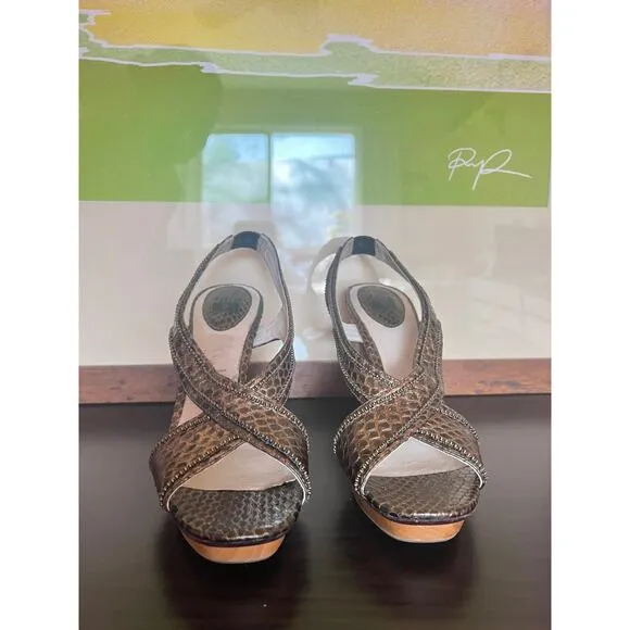 Frye Bronze Beaded Open Toe Slingback Wood Platform Heeled Sandals Womens 8.5 US