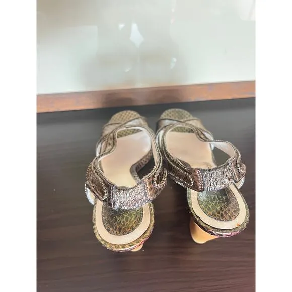 Frye Bronze Beaded Open Toe Slingback Wood Platform Heeled Sandals Womens 8.5 US