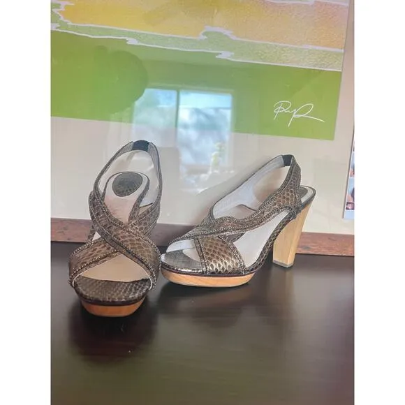 Frye Bronze Beaded Open Toe Slingback Wood Platform Heeled Sandals Womens 8.5 US