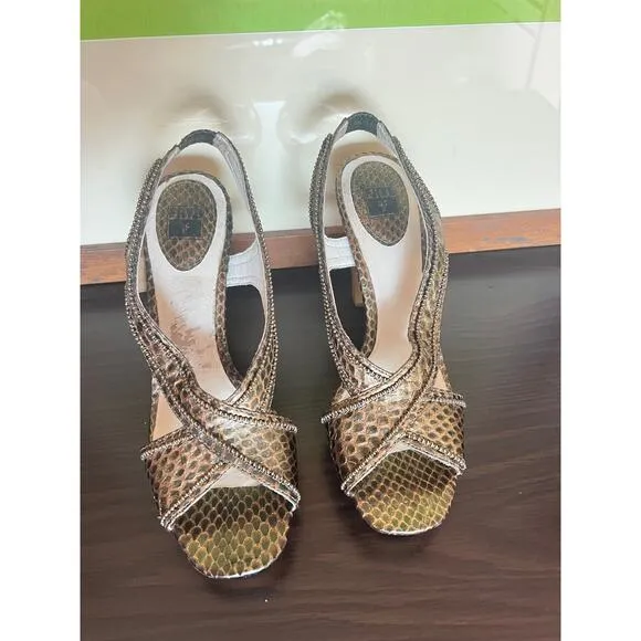 Frye Bronze Beaded Open Toe Slingback Wood Platform Heeled Sandals Womens 8.5 US