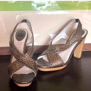 Frye Bronze Beaded Open Toe Slingback Wood Platform Heeled Sandals Womens 8.5 US