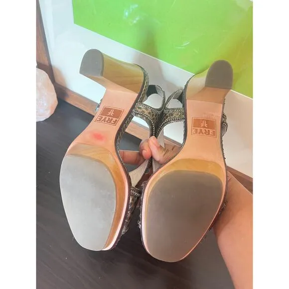 Frye Bronze Beaded Open Toe Slingback Wood Platform Heeled Sandals Womens 8.5 US