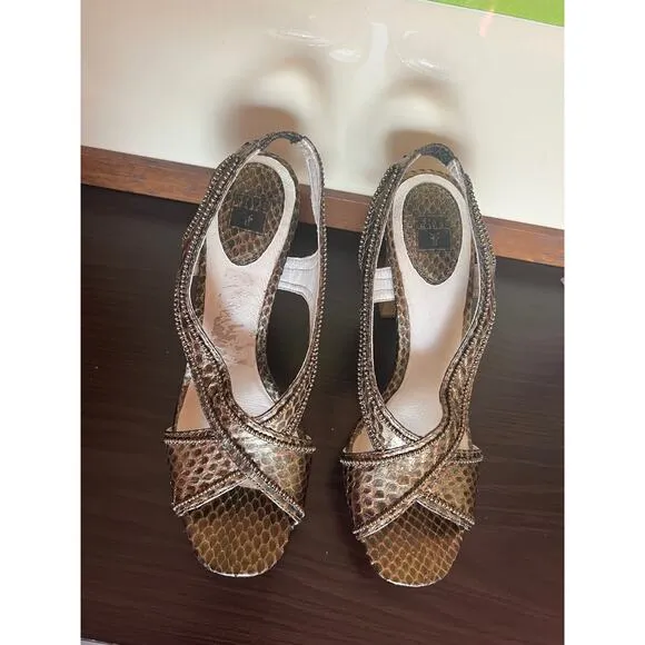 Frye Bronze Beaded Open Toe Slingback Wood Platform Heeled Sandals Womens 8.5 US