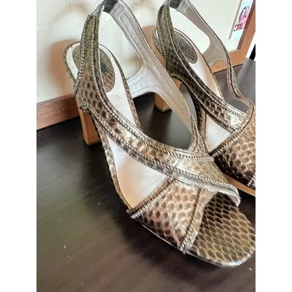 Frye Bronze Beaded Open Toe Slingback Wood Platform Heeled Sandals Womens 8.5 US