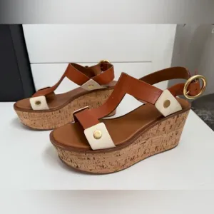 Frye Caramel Cream Dahlia Rivet Wedge Platform Sandals Size 37 (US 6.5-7)