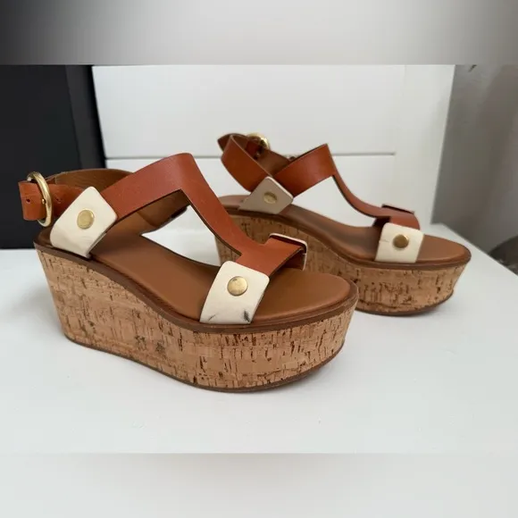 Frye Caramel Cream Dahlia Rivet Wedge Platform Sandals Size 37 (US 6.5-7)