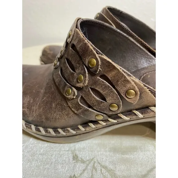 Frye Charlotte Brown Leather Chunky Heels Mules Clogs Women’s Size 7/7.5