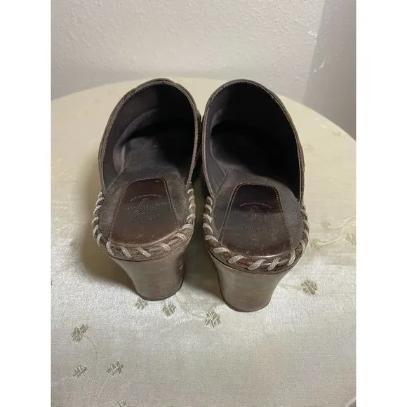 Frye Charlotte Brown Leather Chunky Heels Mules Clogs Women’s Size 7/7.5