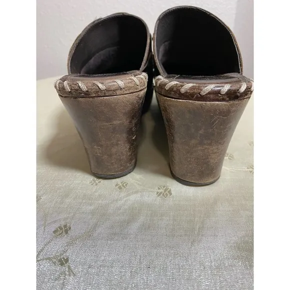 Frye Charlotte Brown Leather Chunky Heels Mules Clogs Women’s Size 7/7.5