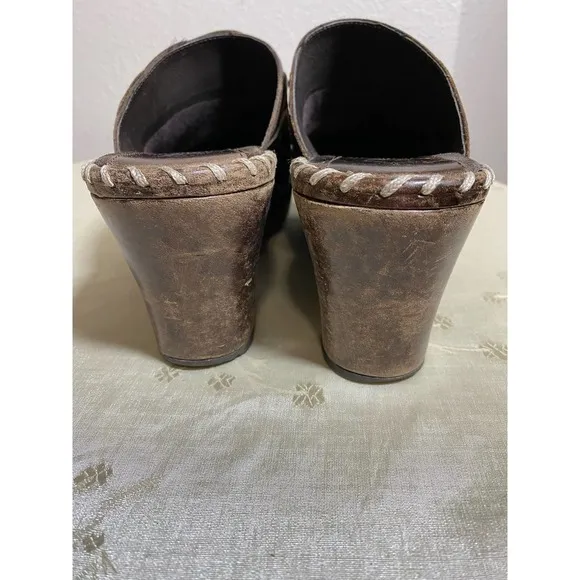 Frye Charlotte Brown Leather Chunky Heels Mules Clogs Women’s Size 7/7.5