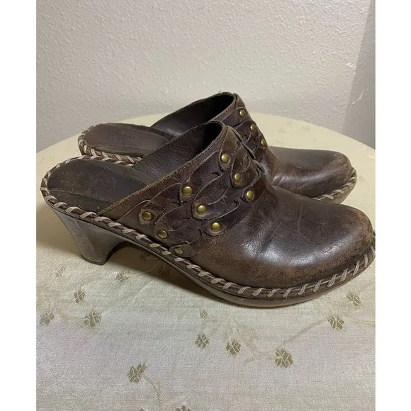 Frye Charlotte Brown Leather Chunky Heels Mules Clogs Women’s Size 7/7.5
