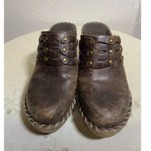 Frye Charlotte Brown Leather Chunky Heels Mules Clogs Women’s Size 7/7.5