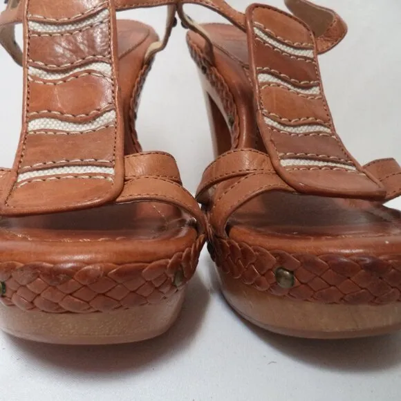 FRYE Dara Leather wooden heels sandals brown platform Embroidered Size Sz 10