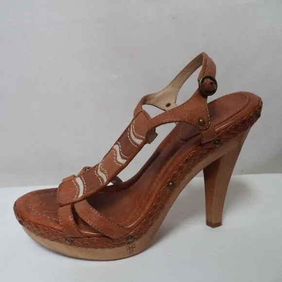 FRYE Dara Leather wooden heels sandals brown platform Embroidered Size Sz 10