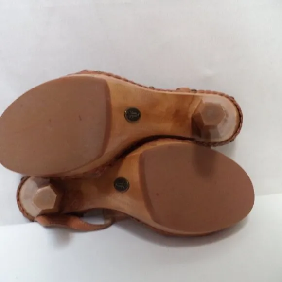 FRYE Dara Leather wooden heels sandals brown platform Embroidered Size Sz 10
