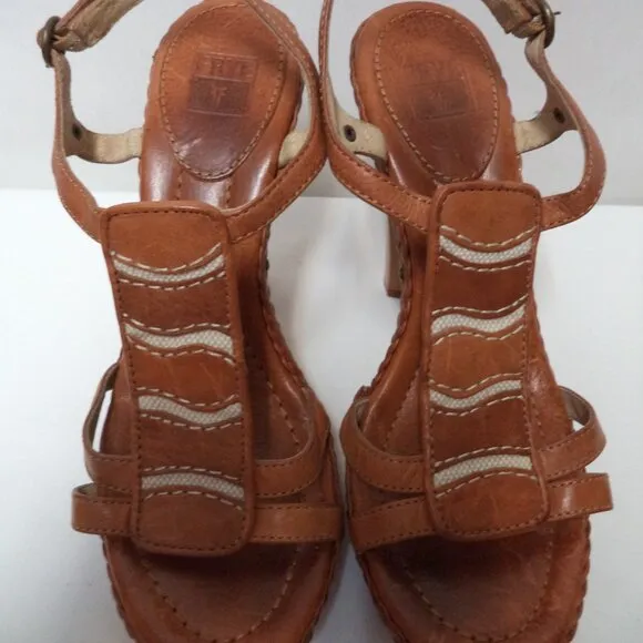 FRYE Dara Leather wooden heels sandals brown platform Embroidered Size Sz 10