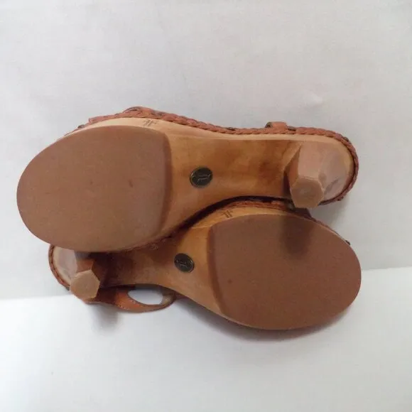 FRYE Dara Leather wooden heels sandals brown platform Embroidered Size Sz 10